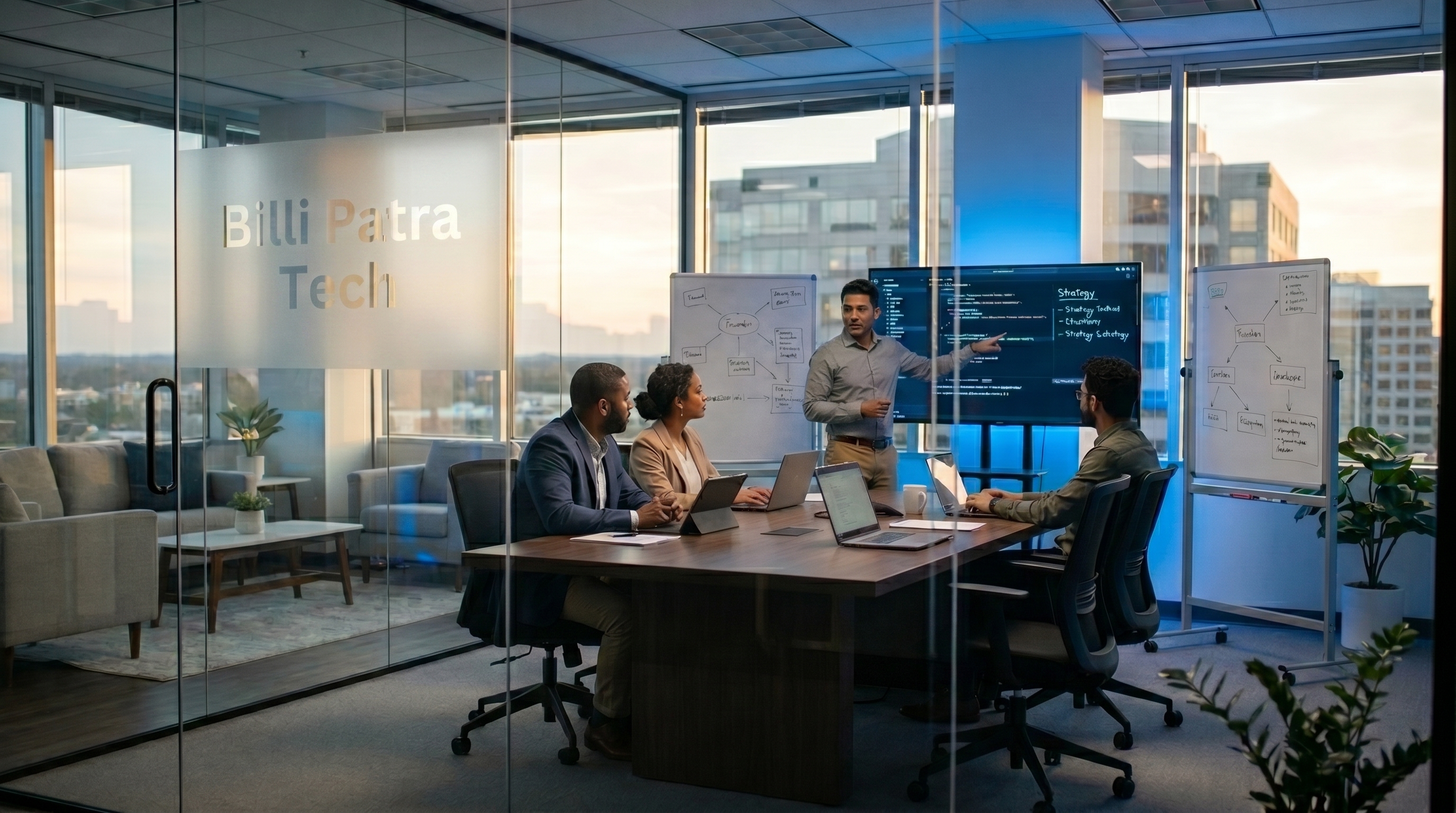 Premium software team collaborating in futuristic office